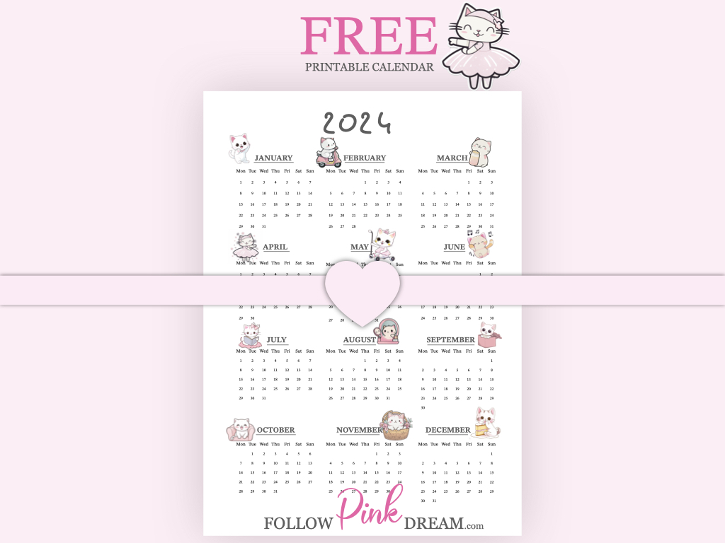 Free Calendar for 2024 with Cat Themed Designs