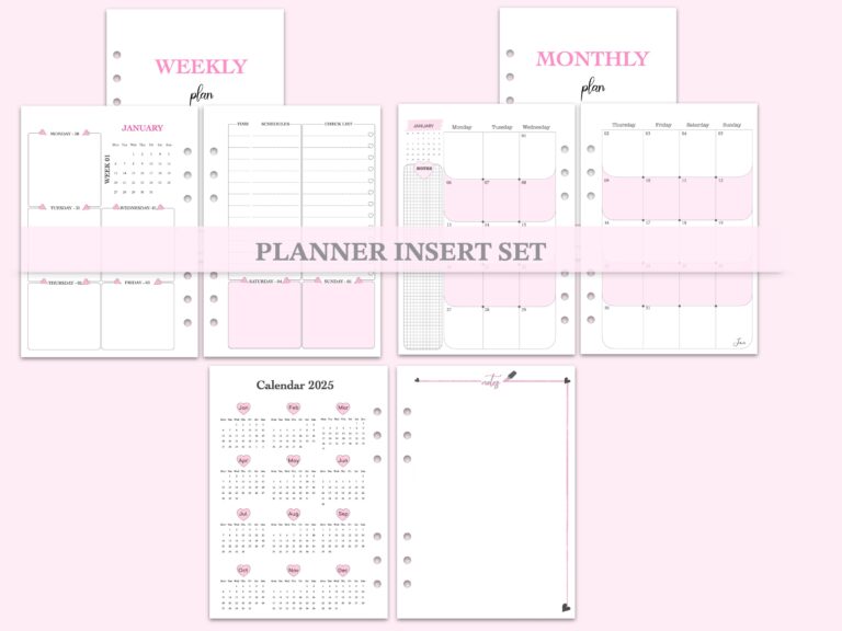 Weekly Monthly Meal & Checklist Planner Insert Set