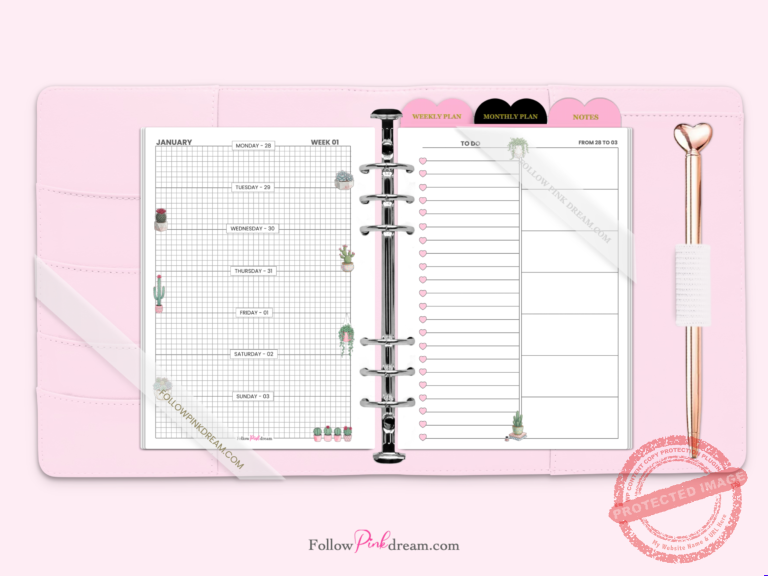 Cactus 2 Layout Weekly Planner Inserts printed pages showing weekly spread with cactus design in A5 A6 Personal sizes — image 1