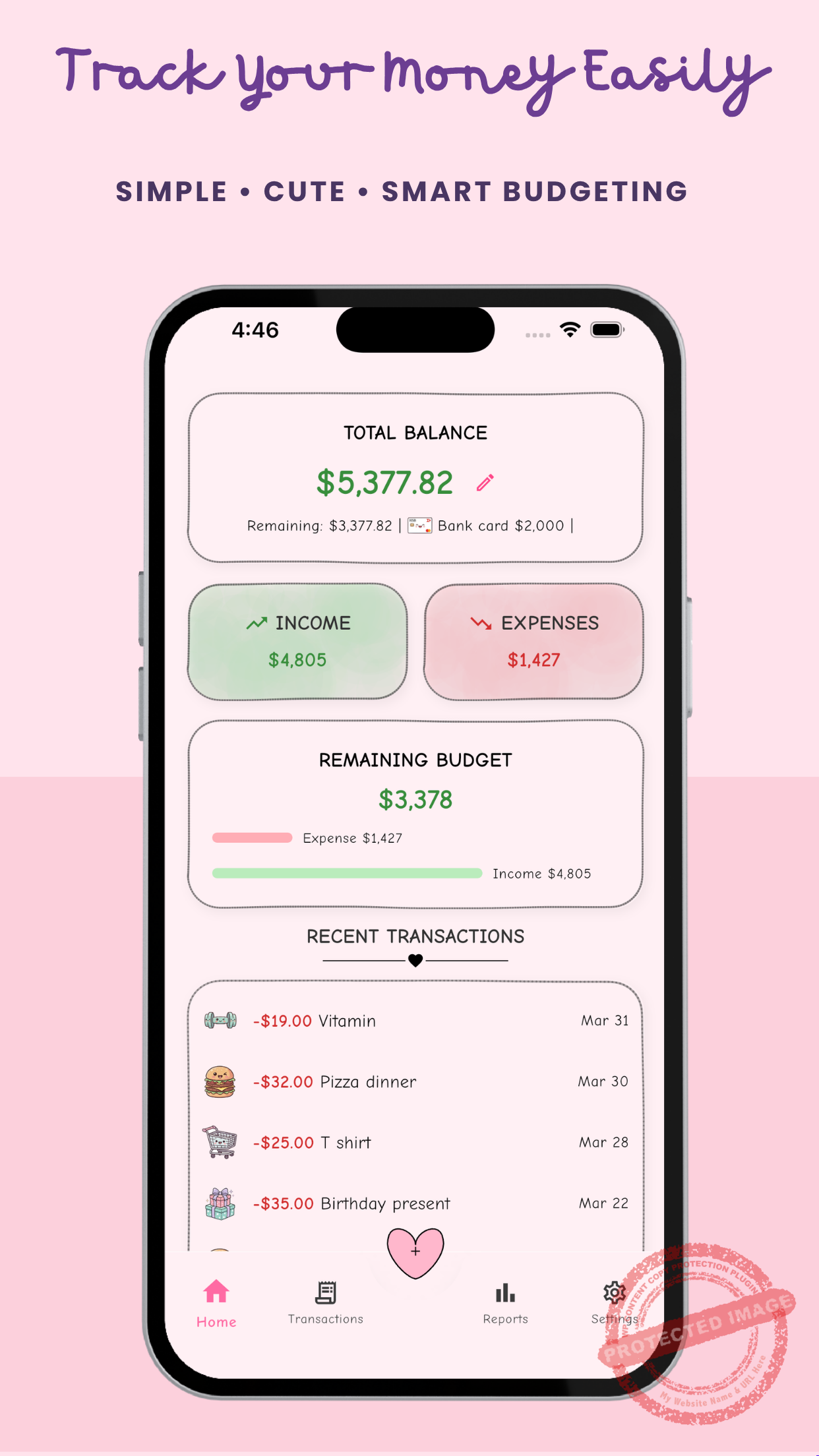 Dream Budget expense tracker app showing monthly spending overview