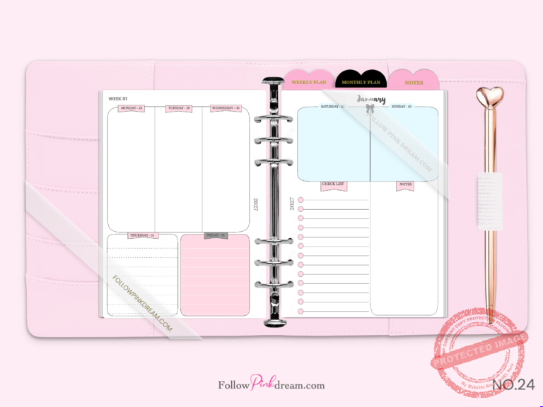 Blush & Sky Planner Inserts printed pages showing weekly spreads and monthly calendars in soft pastel colors for A5 planners — image 1