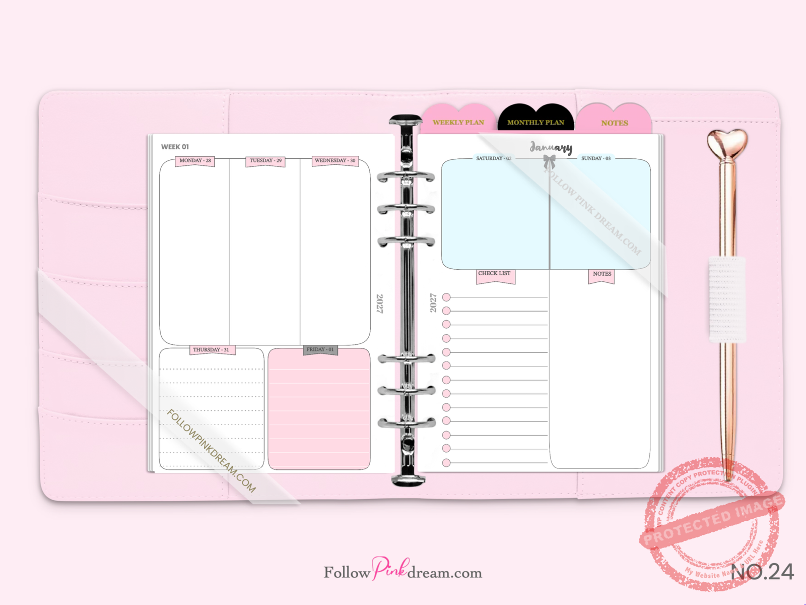 Blush & Sky Planner Inserts printed pages showing weekly spreads and monthly calendars in soft pastel colors for A5 planners — image 1