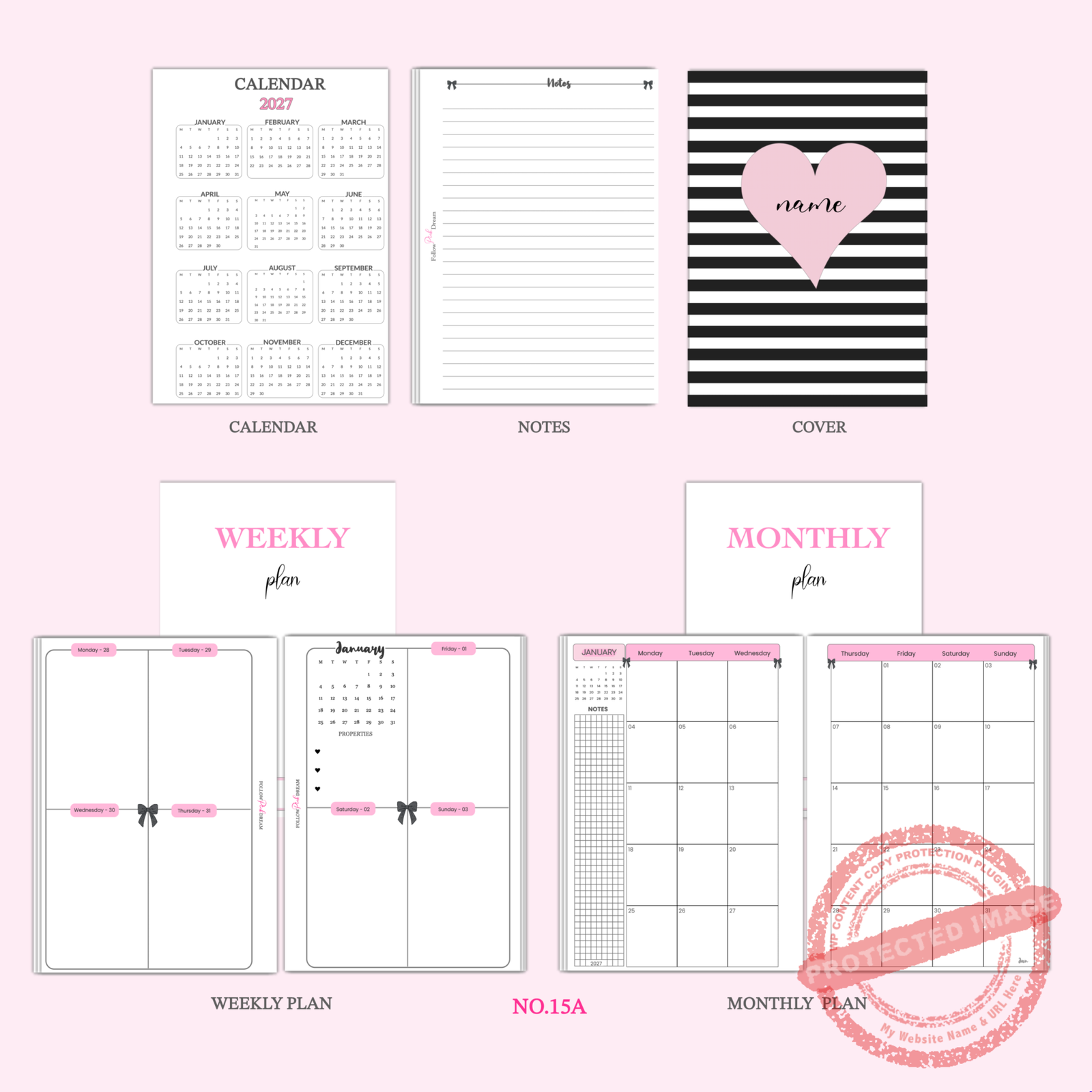 Black Bow Weekly Monthly Planner Inserts printed pages for A5 A6 6-ring binder refills with elegant bow design — image 1