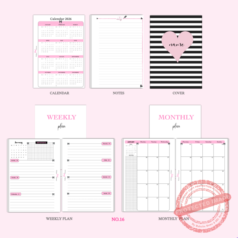 Chic Bow & Heart Priority Planner Inserts printed pages with weekly spreads and monthly calendars in pink black white for A5 A6 binders — image 5