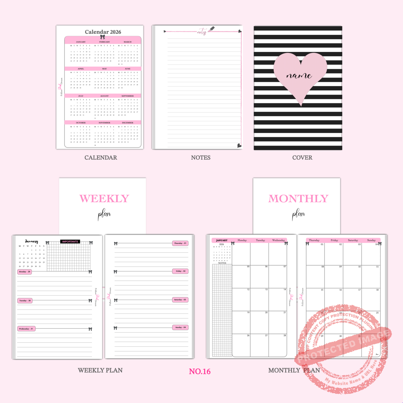 Chic Bow & Heart Priority Planner Inserts printed pages with weekly spreads and monthly calendars in pink black white for A5 A6 binders — image 5