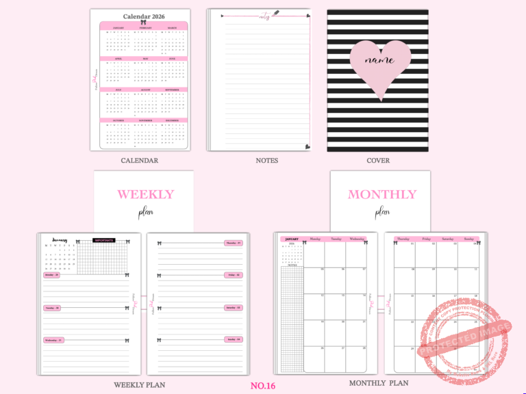 Chic Bow & Heart Priority Planner Inserts printed pages with weekly spreads and monthly calendars in pink black white for A5 A6 binders — image 5