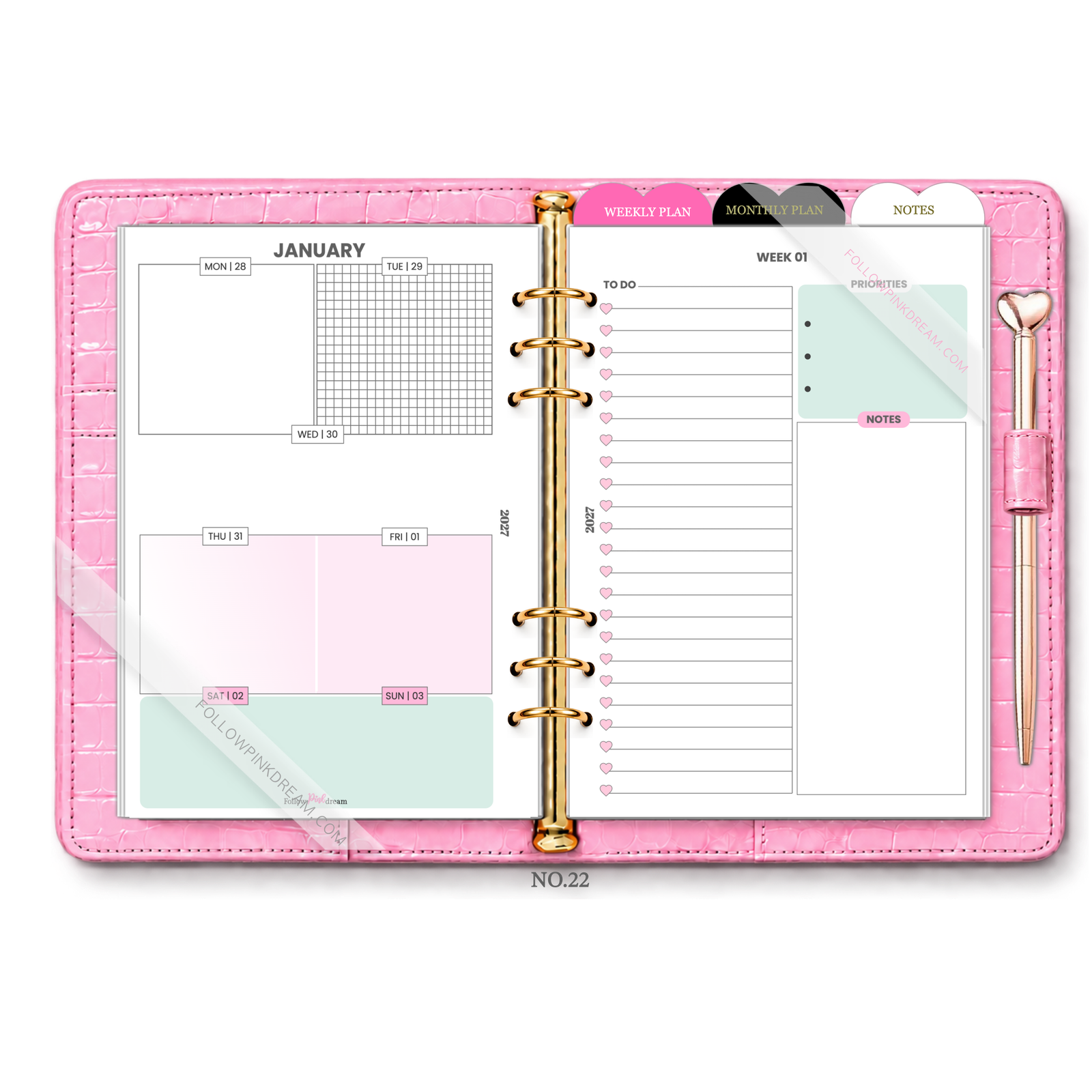 Pastel Heart Weekly Planner Inserts (2027)